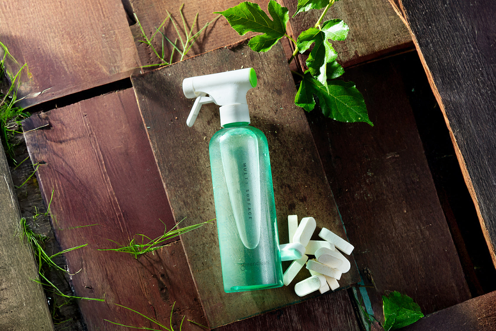A bottle of Greencleani multi-surface cleaner, a plant-based and non-toxic solution perfect for keeping Malaysian homes with children and pets clean and safe