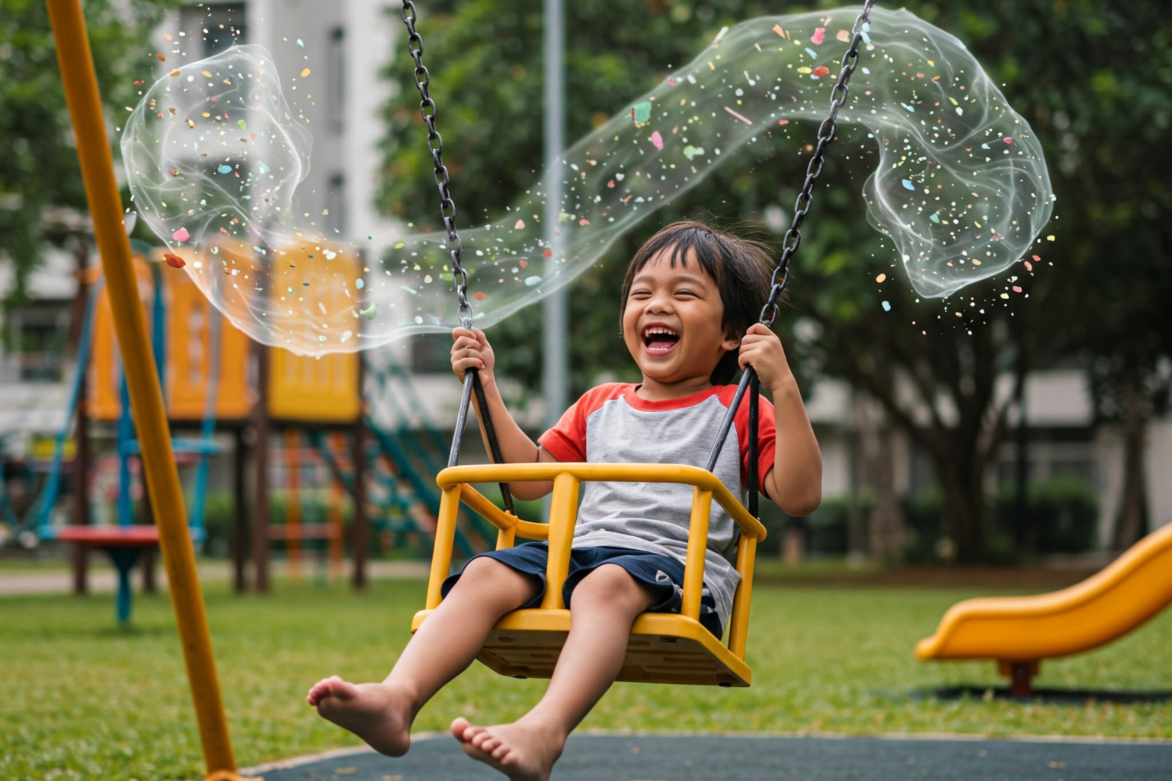 A child plays freely, while Greencleani explores the hidden risks of microplastics to children's health and how to create safer environments