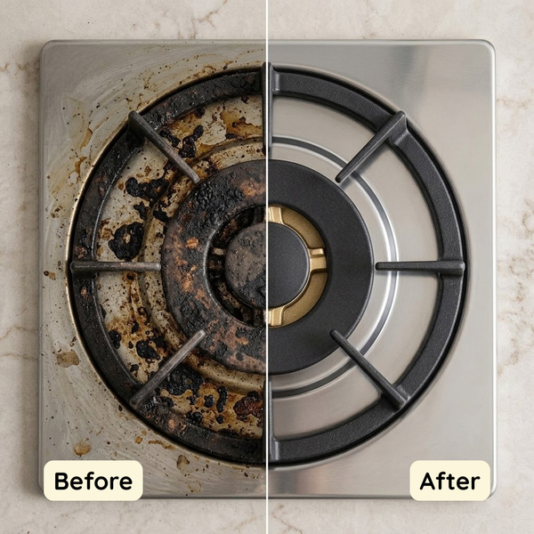 Gas stove burner before and after cleaning with Greencleani multi-surface tablet