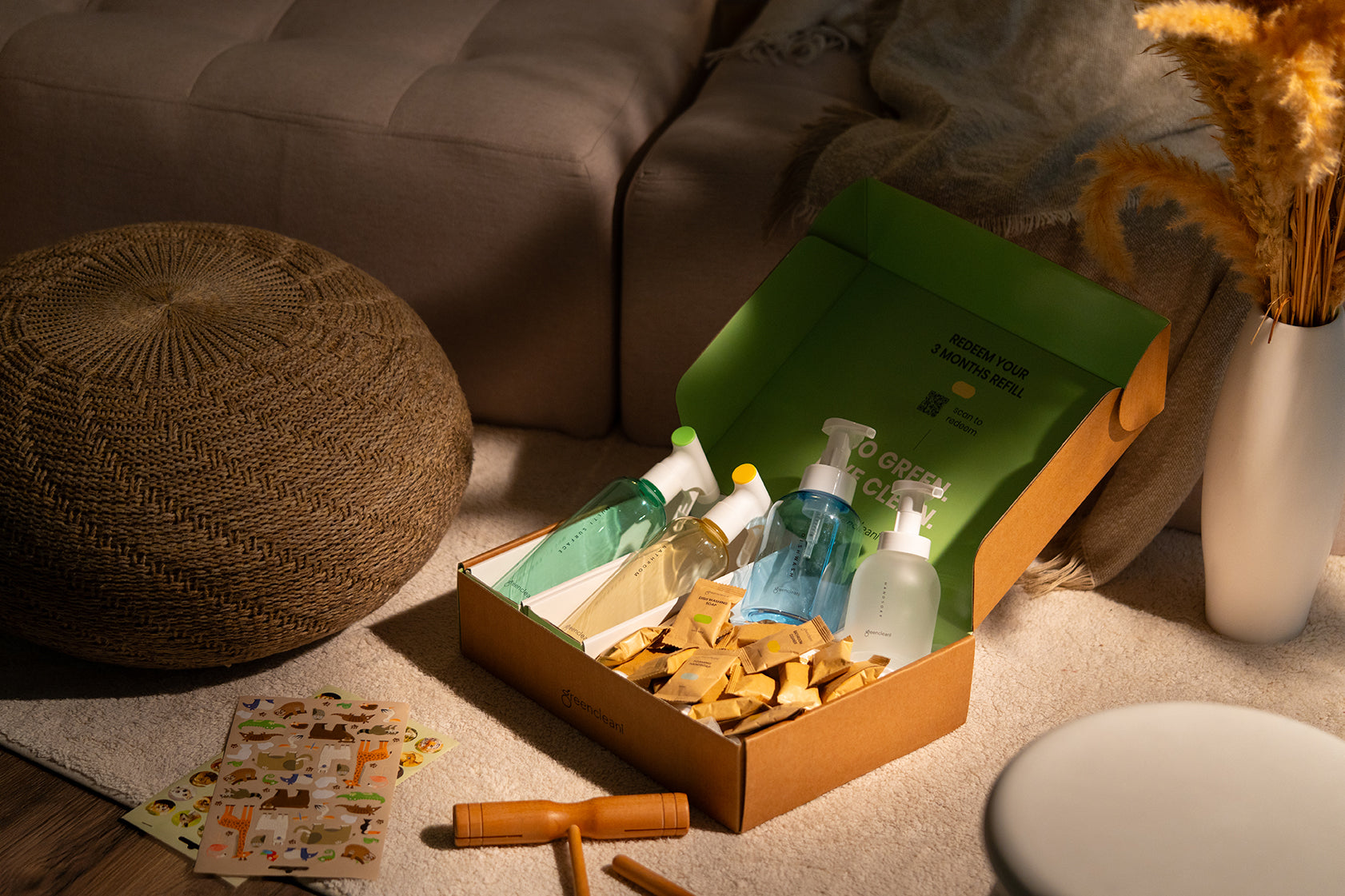 Greencleani Eco-Starter Kit with reusable bottles, cleaning tablets, and a 3-month free refill offer. Eco-friendly cleaning for Malaysian families