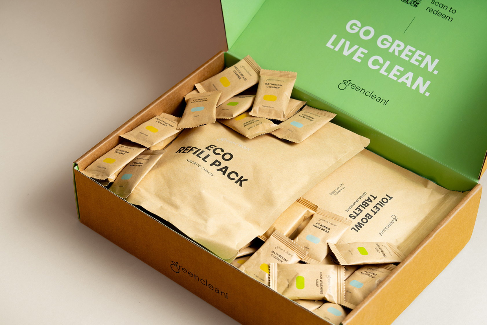 Subscribe to Greencleani and save! Box shown filled with various eco cleaning refill tablets and packs, including toilet bowl cleaner. Your continuous supply of non-toxic cleaning