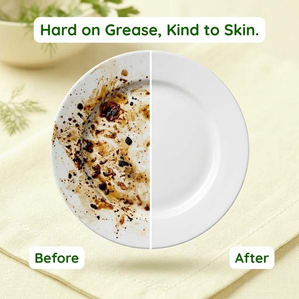 Plate before and after washing with Greencleani dishwashing tablet