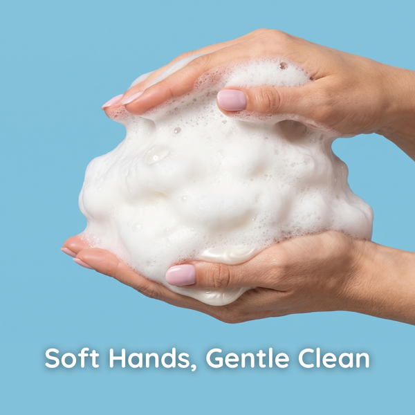 Hands holding a cloud of gentle foaming handsoap